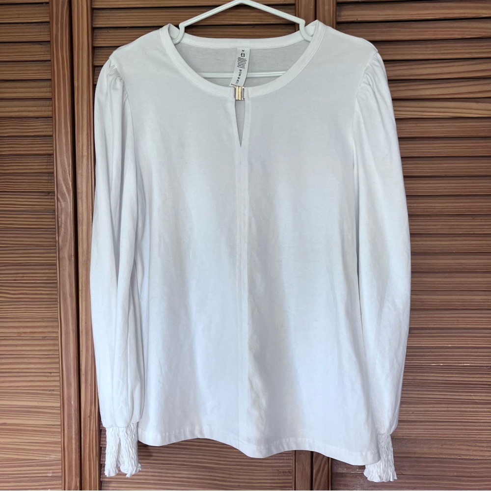 Blooming Jelly White Keyhole Blouse Smocked Cuffs Long Puff Sleeve Top Women M
